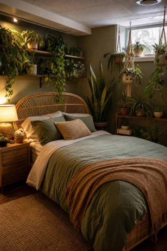 the plant-filled green room: biophilic design below grade in a bedroom
