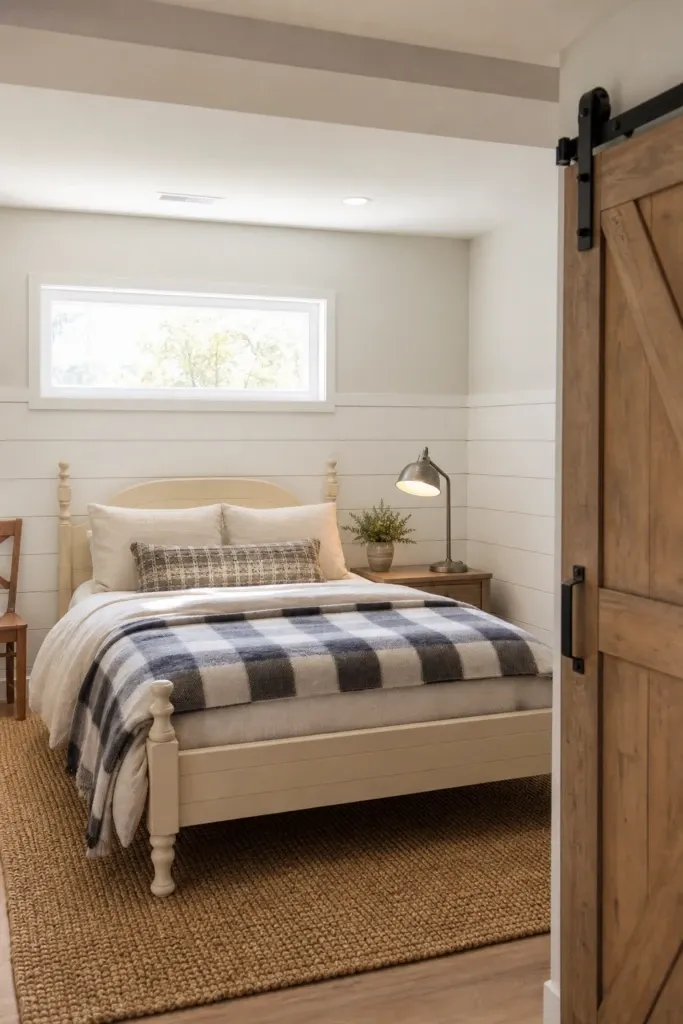 the shiplap statement: farmhouse style that works below grade in a bedroom