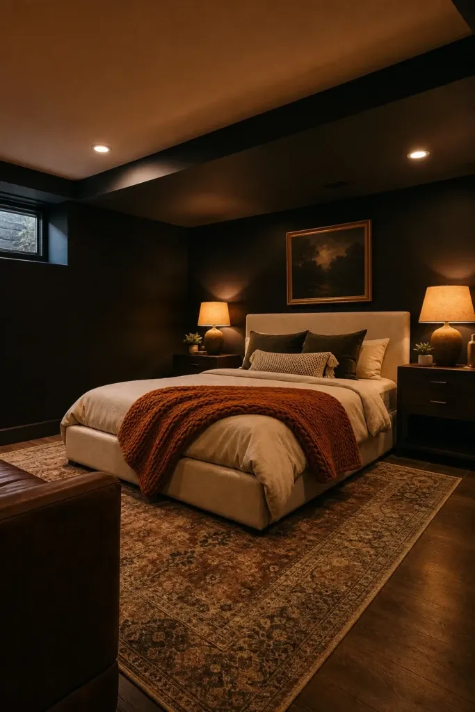 the warm cave: moody dark walls with layered lighting in a bedroom