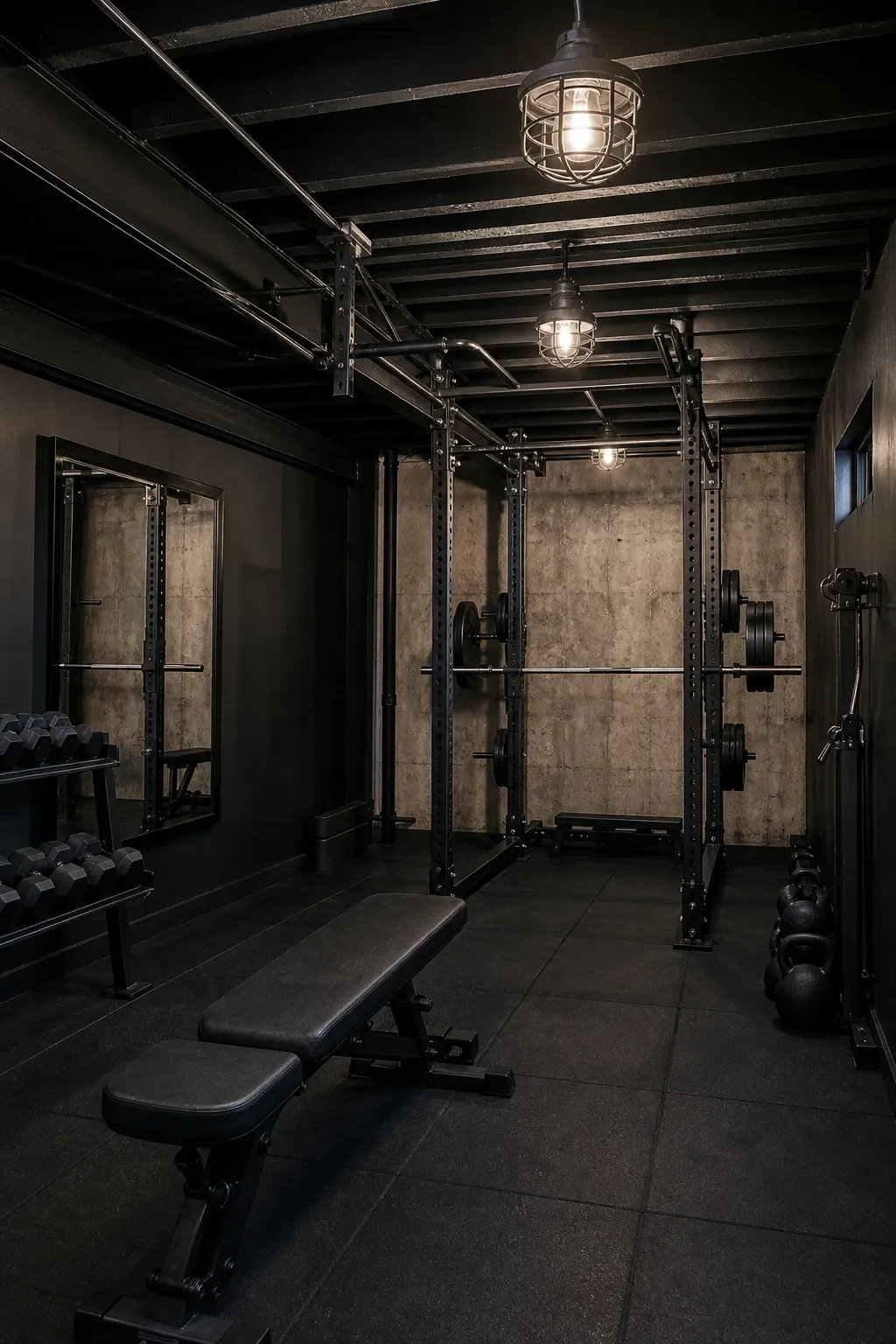 all-black industrial gym in a basement