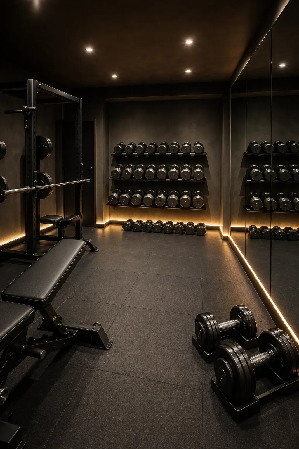 charcoal and black with accent lighting in a basement
