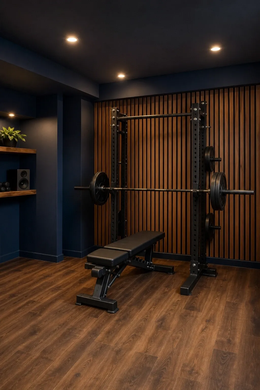 deep navy with warm wood accents in a basement