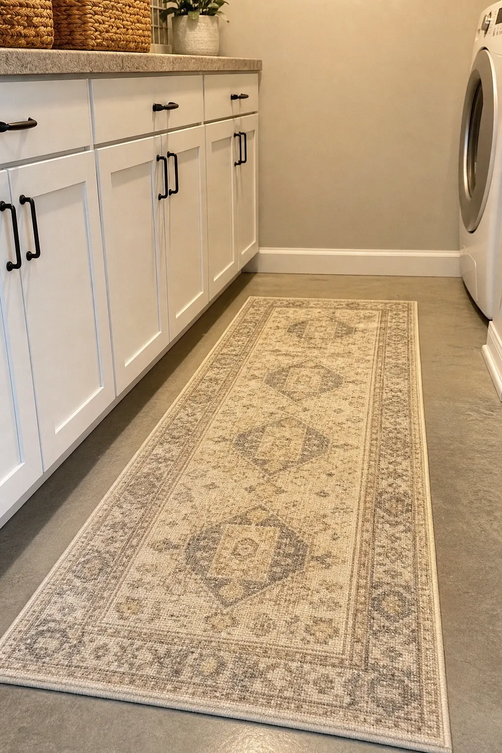 add warmth with a cozy runner rug in a basement