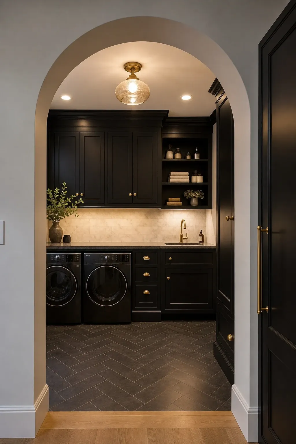arched elegance with black and gold details in a basement