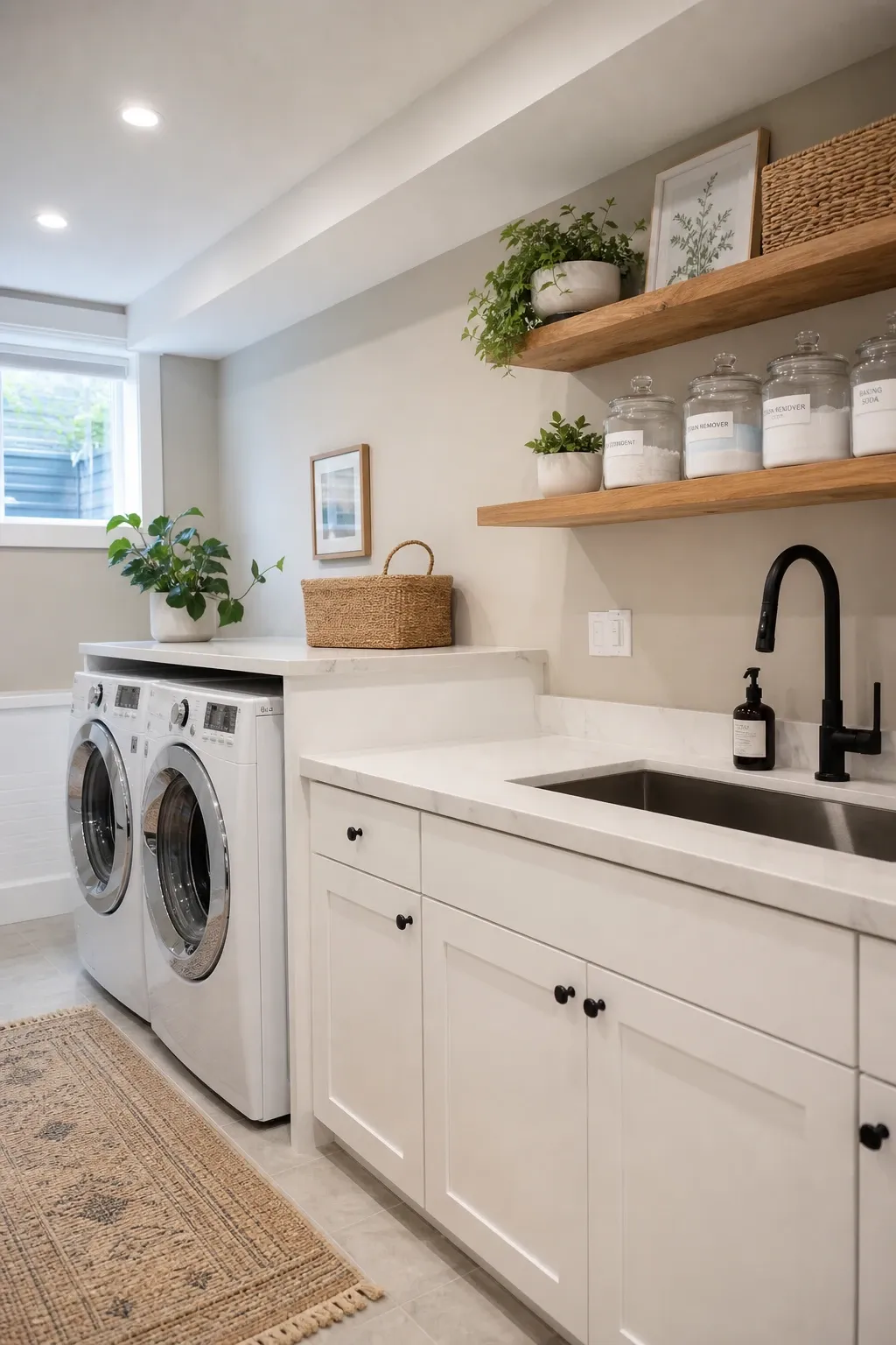 embrace natural tones with white and wood in a basement