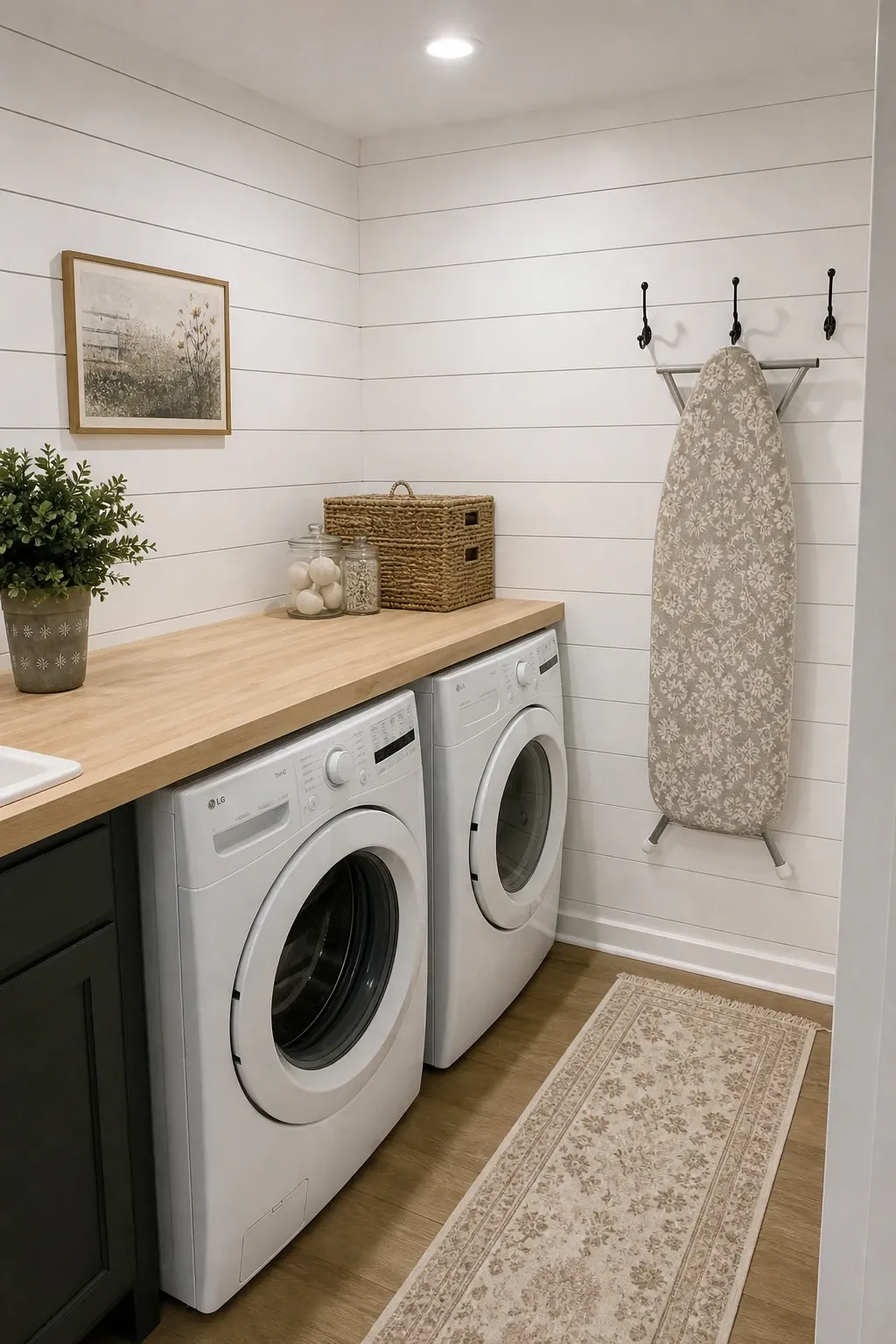 fresh and clean with white shiplap walls in a basement