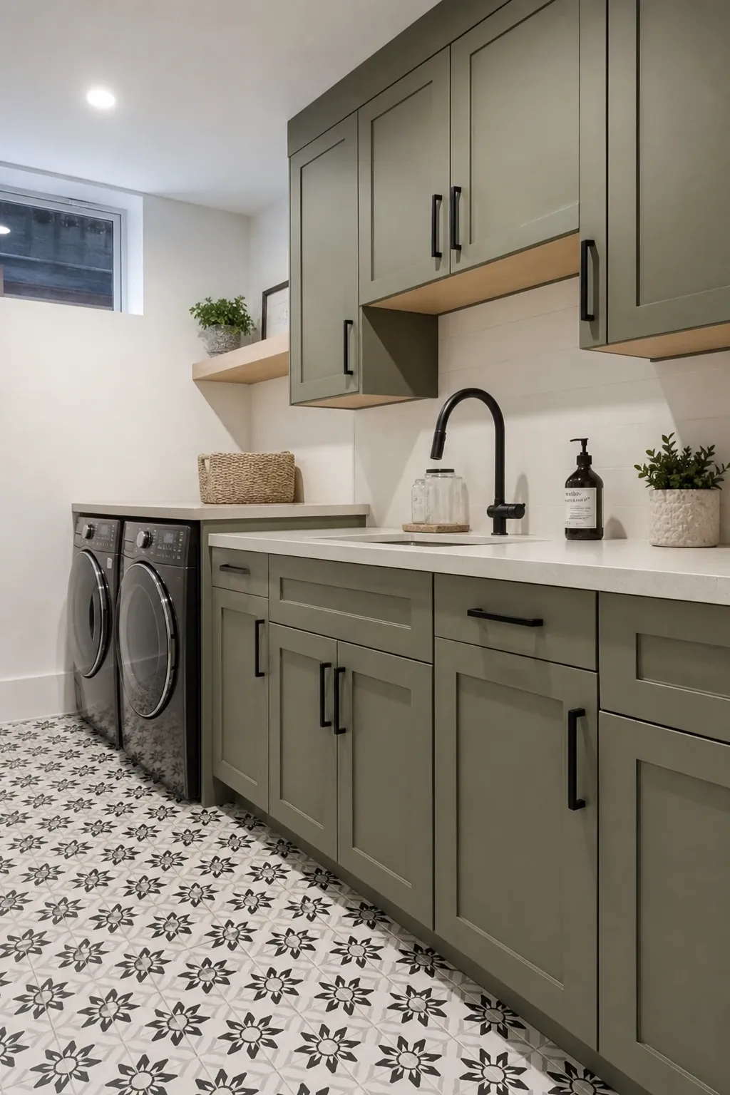 go bold with green cabinets and patterned flooring in a basement