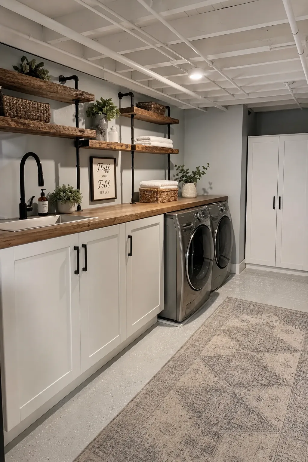 industrial meets clean lines with exposed ceilings in a basement