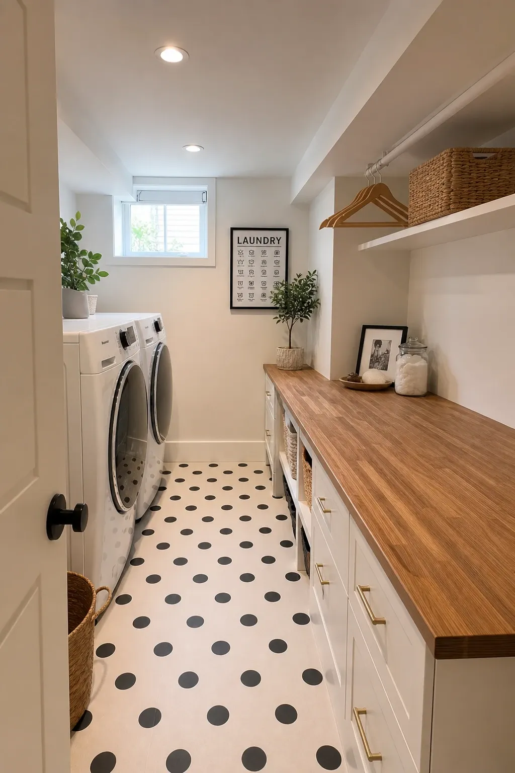 light and bright with polka dot flooring in a basement