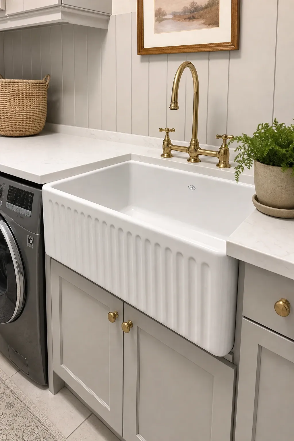 minimalist design with a farmhouse sink in a basement