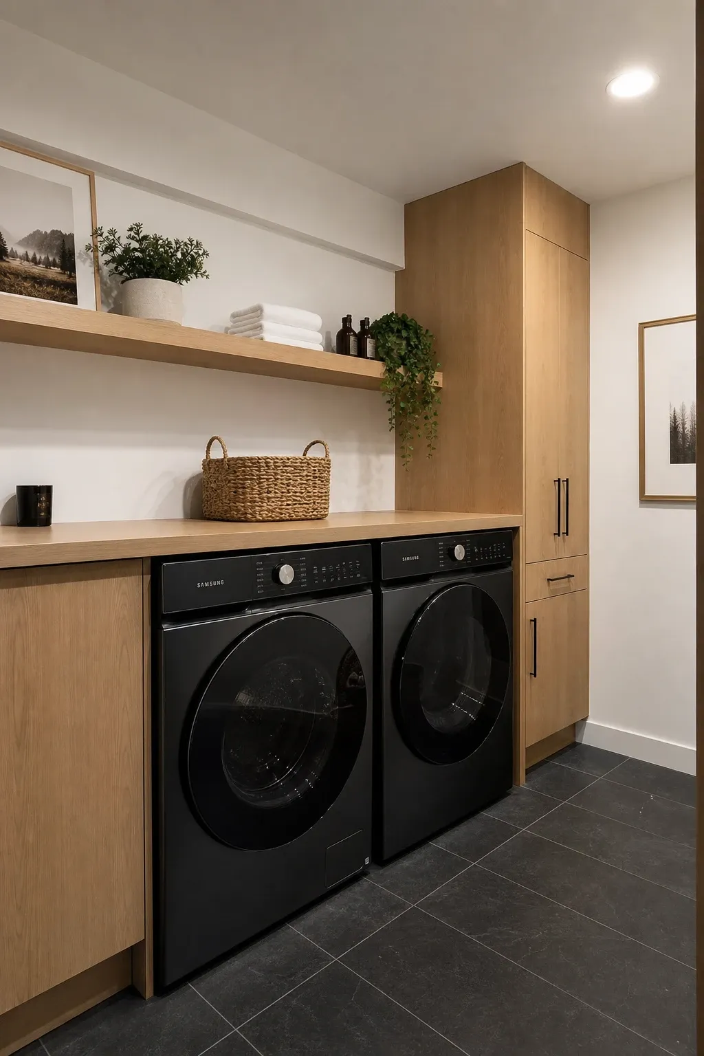 modern dark appliances and wooden accents in a basement
