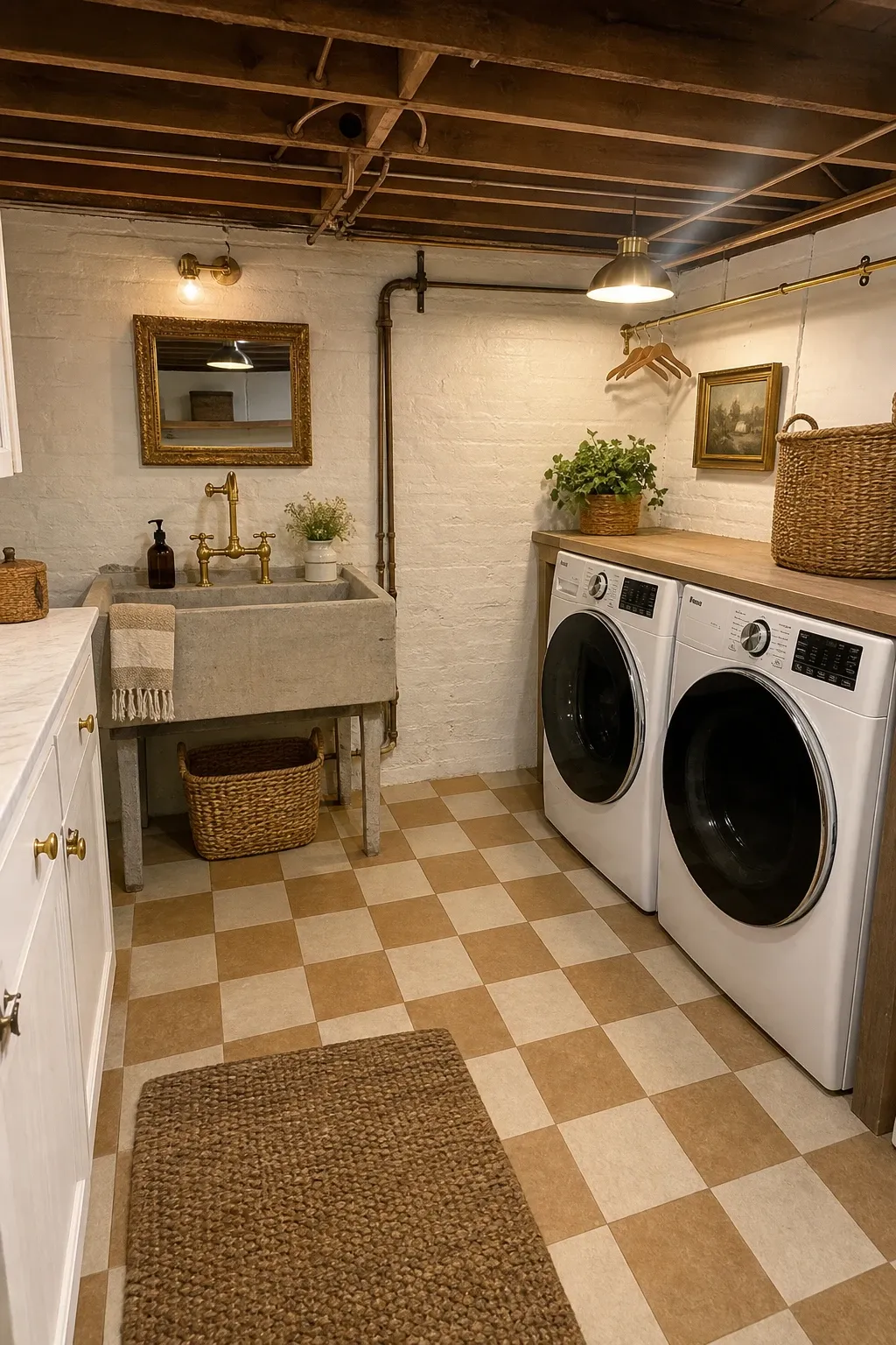 rustic charm with wood beams and gold accents in a basement