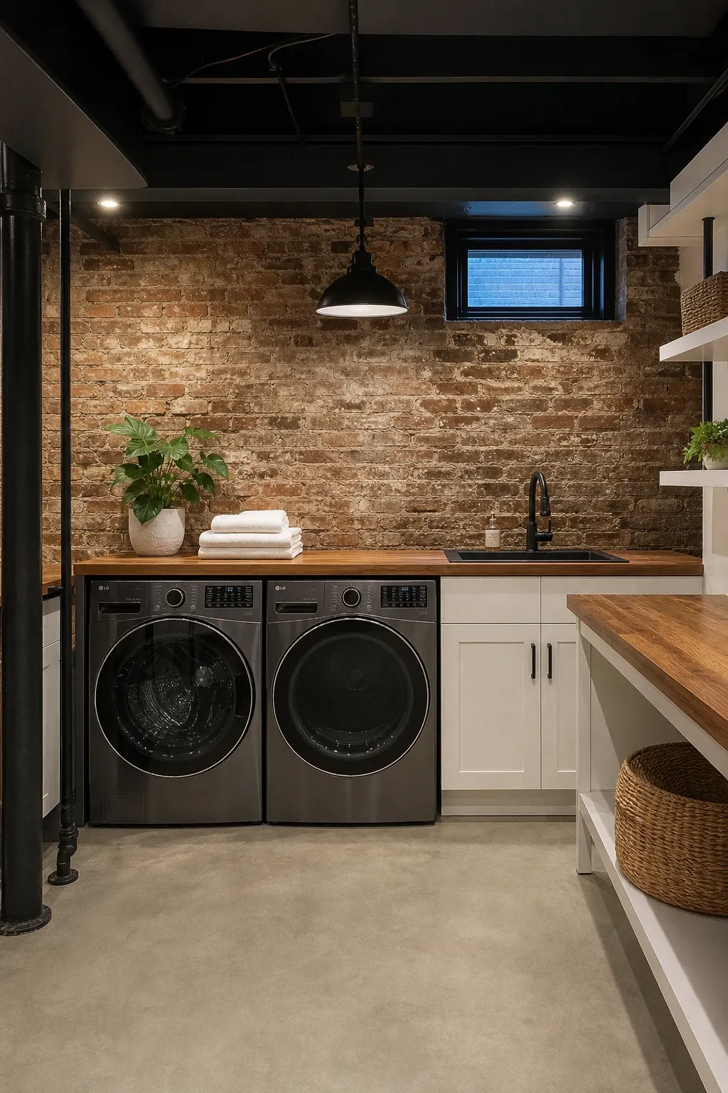 rustic meets modern with exposed brick in a basement