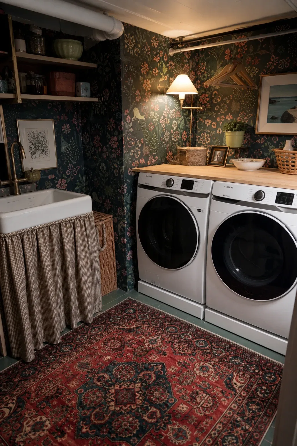 whimsical touches with patterned wallpaper and persian rug in a basement