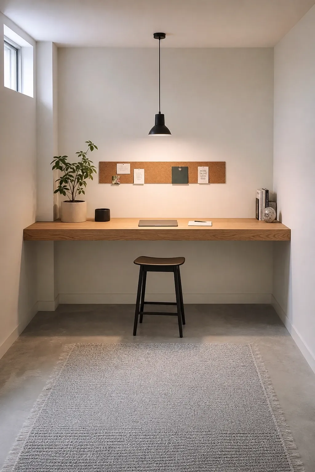 the clean minimalist floating desk nook in a basement