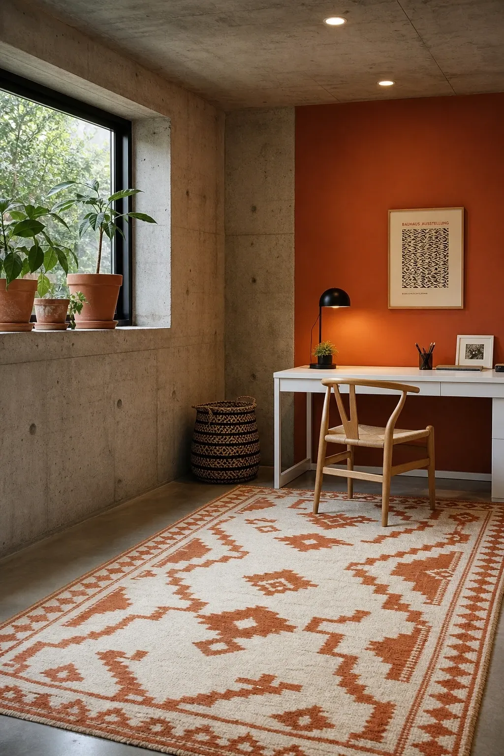 the concrete-and-colour contrast office in a basement