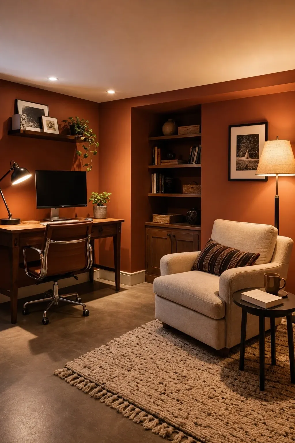 the cosy reading-and-work hybrid in a basement