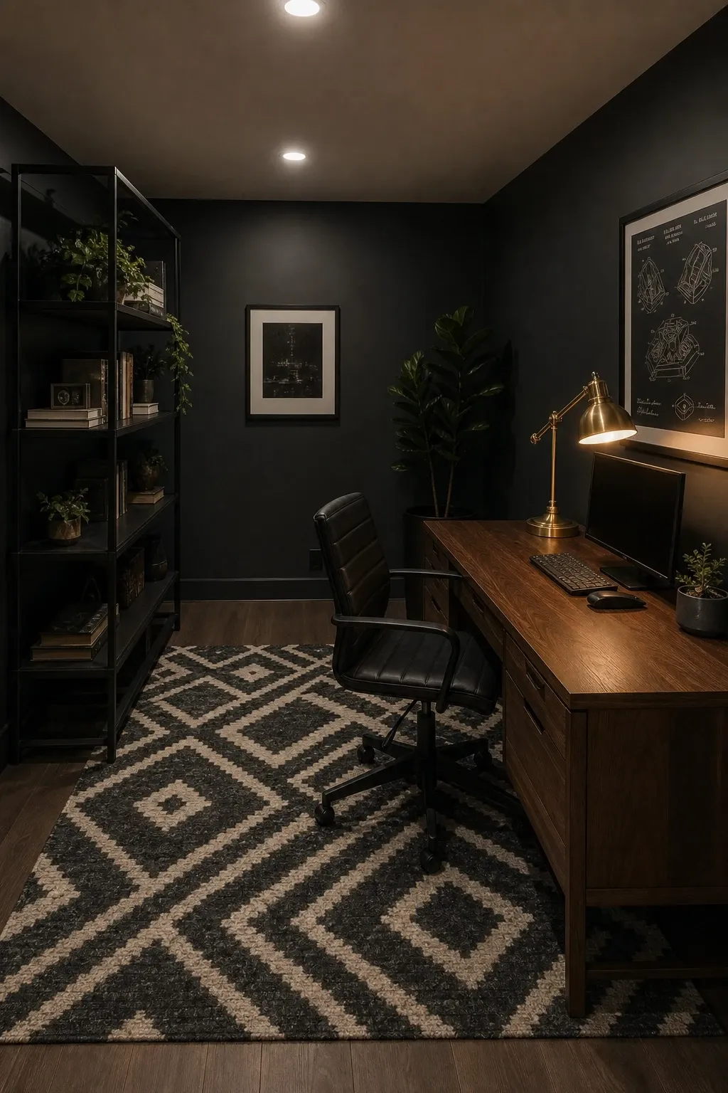 the dark-and-focused study look in a basement