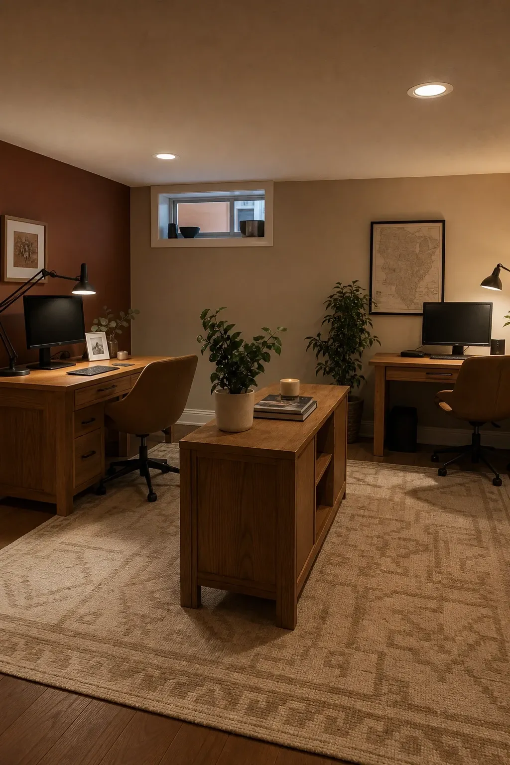 the dual-desk partner setup in a basement