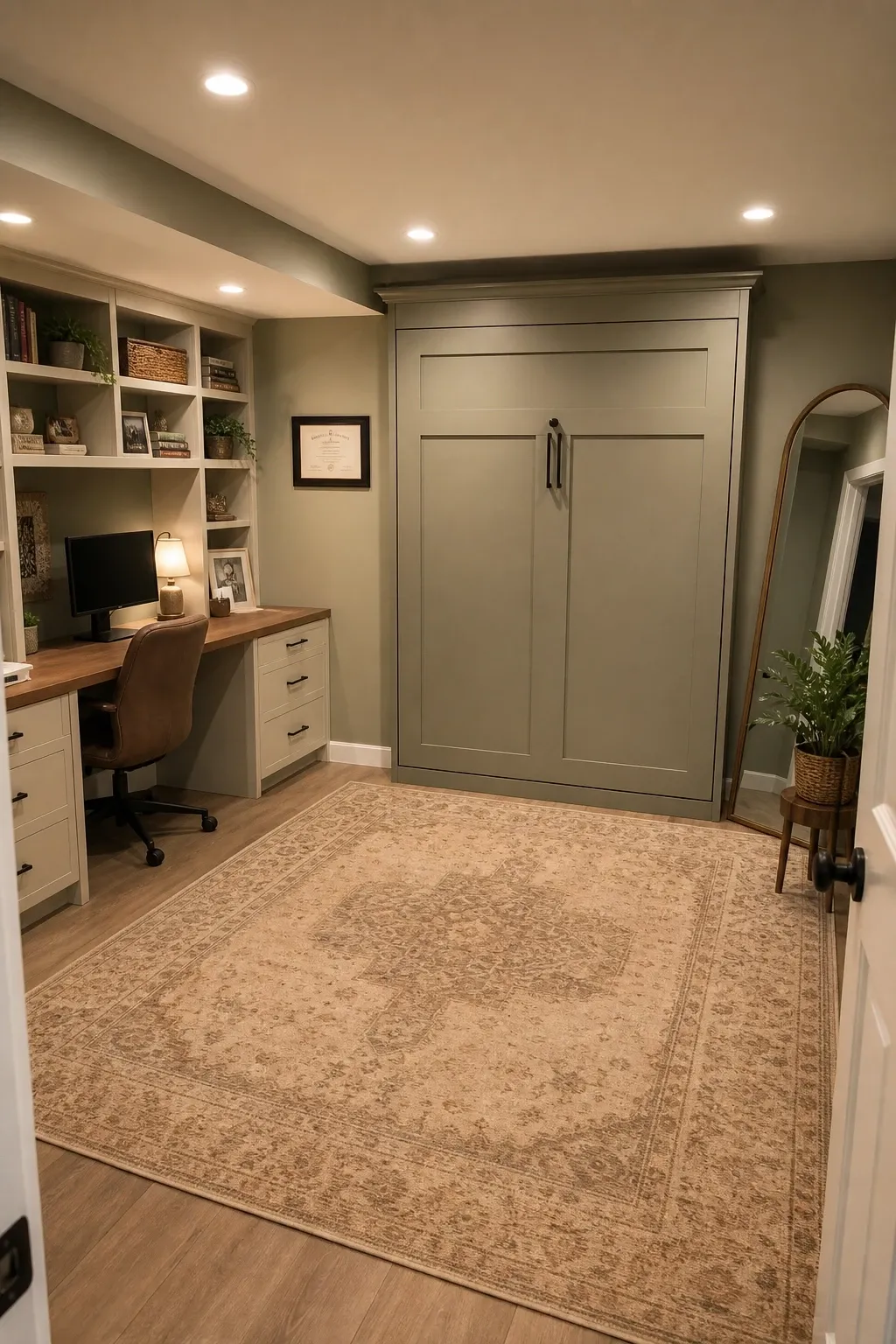 the dual-purpose guest room office in a basement