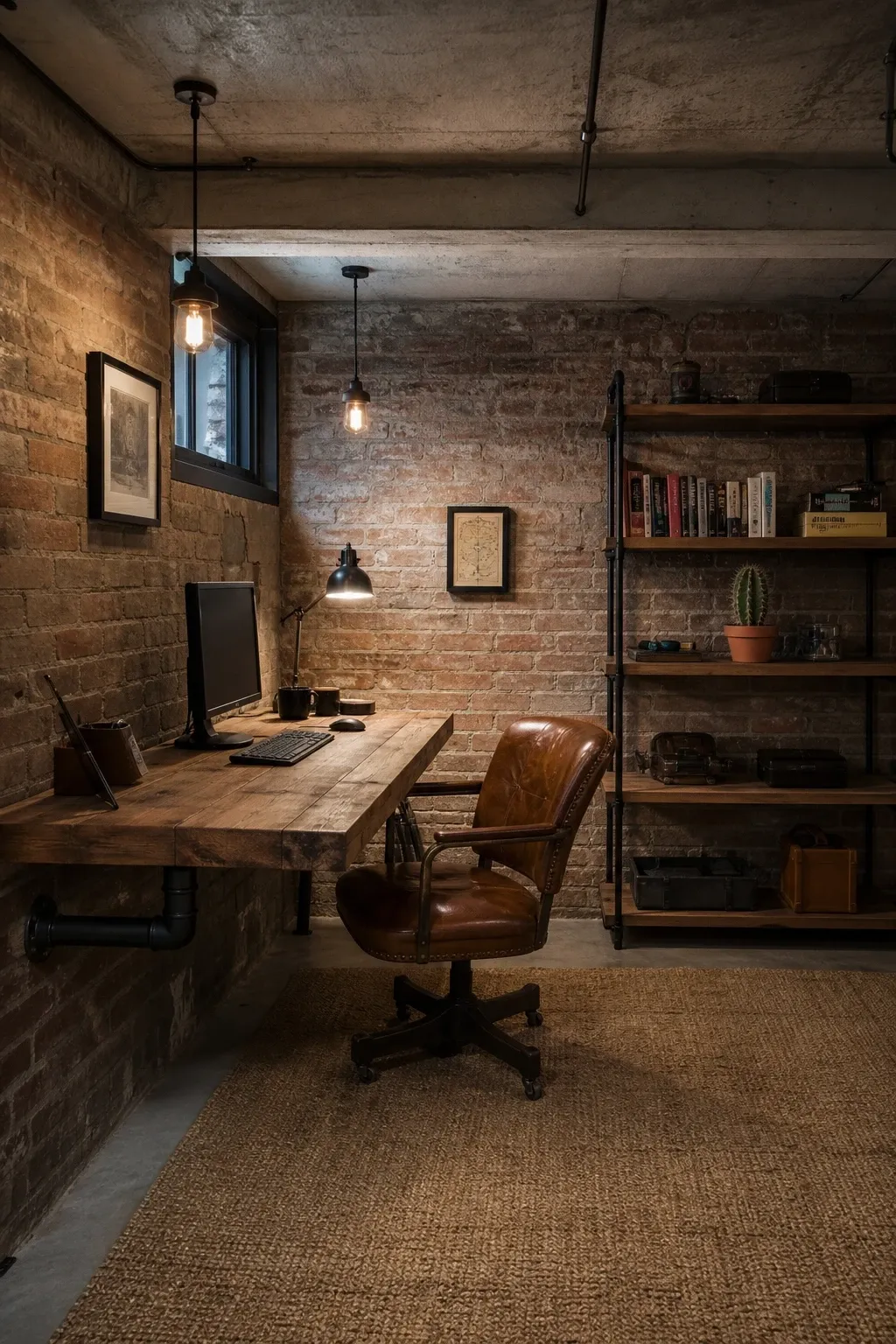 the industrial pipe-and-plank setup in a basement