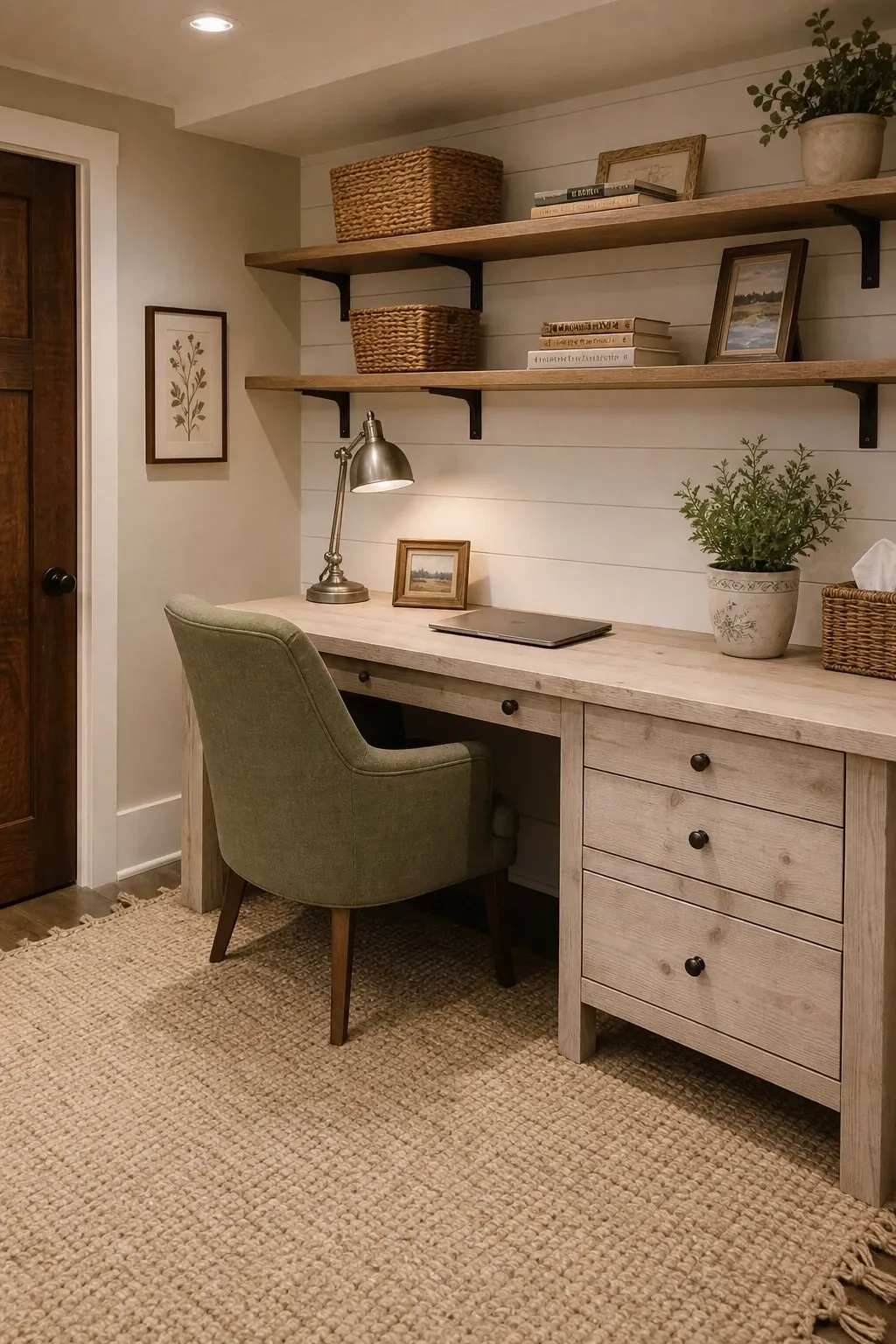 the rustic farmhouse desk corner in a basement