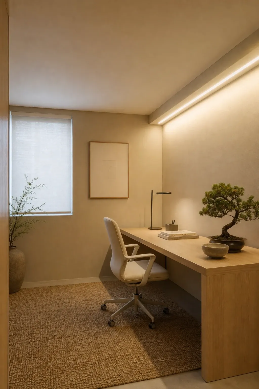 the zen garden minimal office in a basement