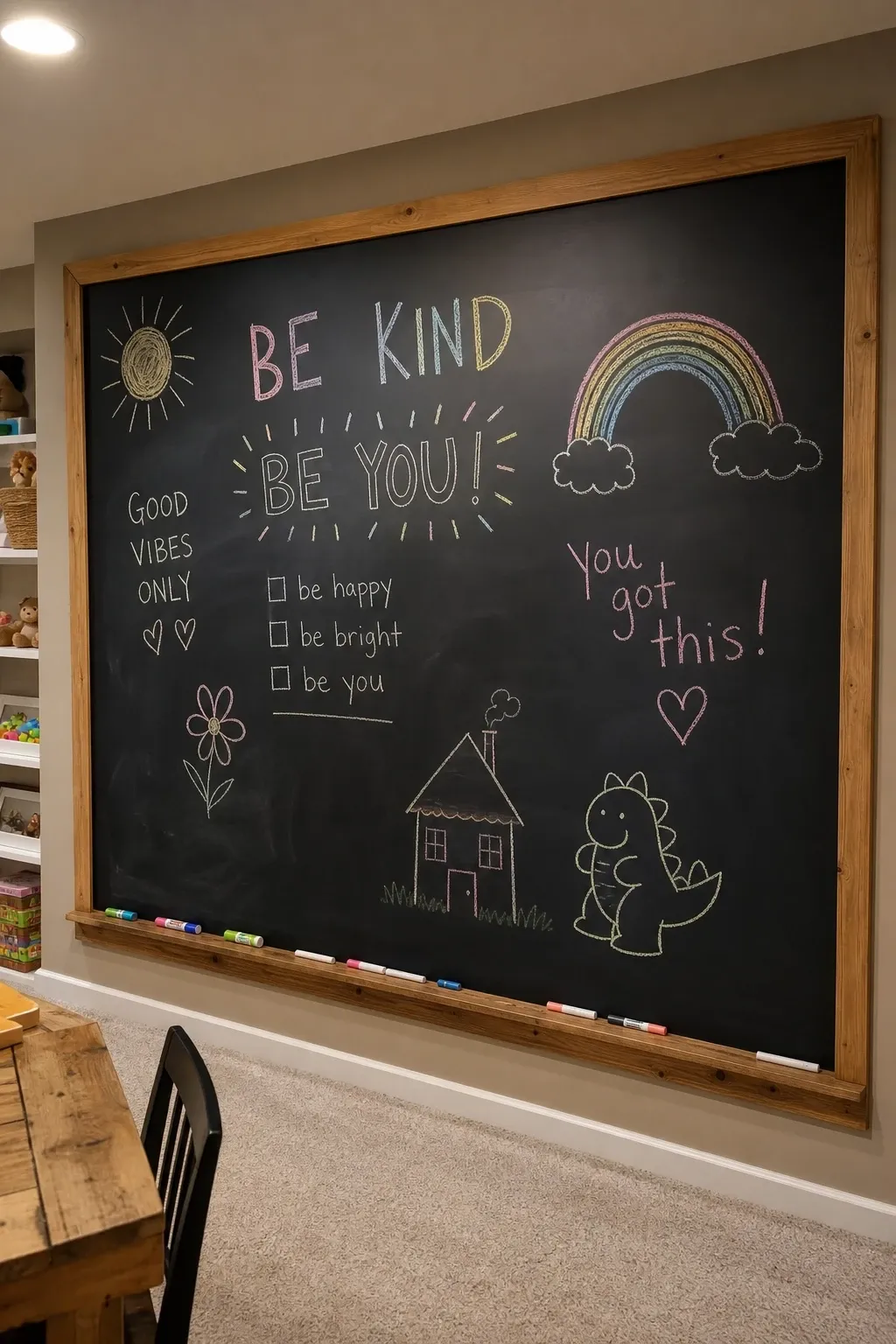 chalkboard accent wall for open-ended play in a basement