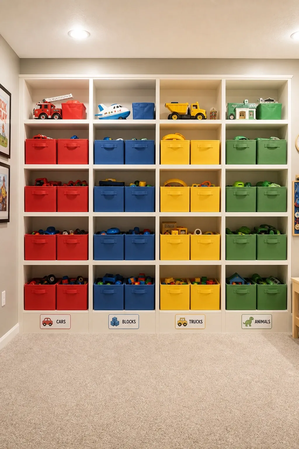 color-coded toy storage wall in a basement
