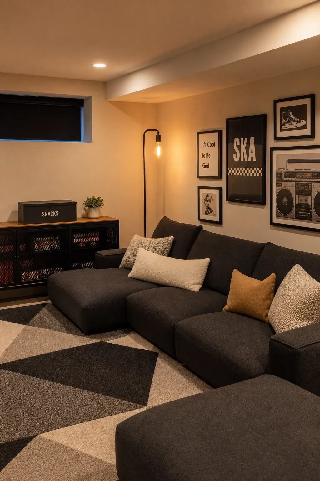 couch and hangout lounge for tweens in a basement