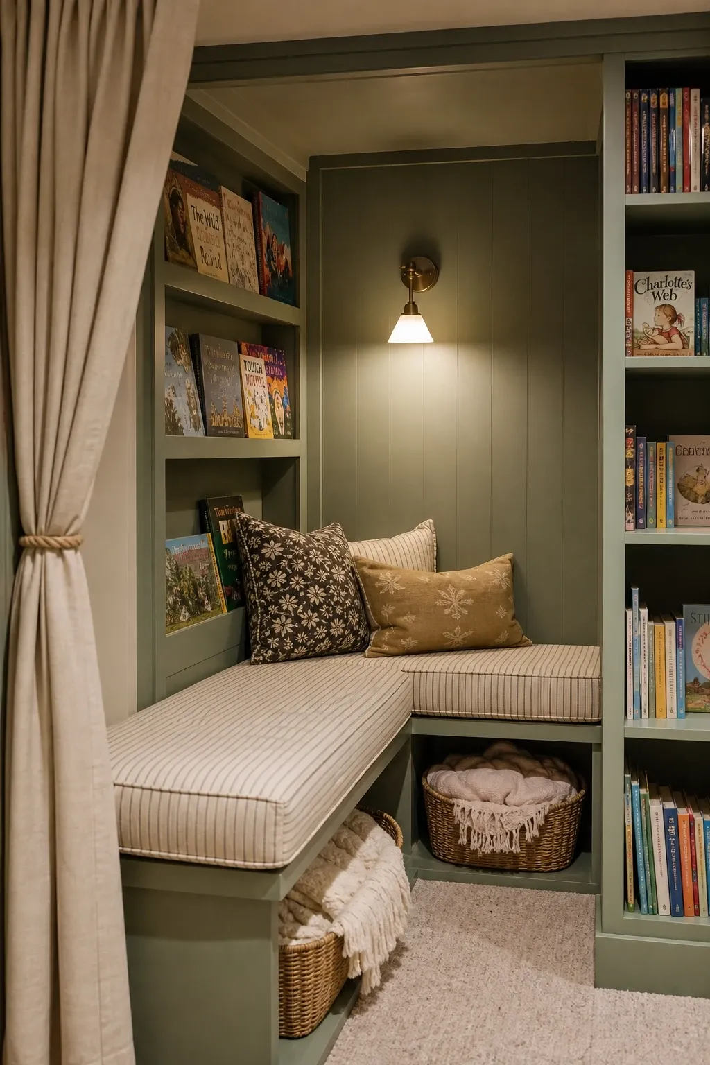 cozy book nook with built-in bench in a basement