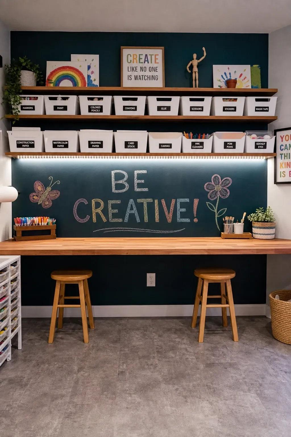 dedicated art studio wall in a basement