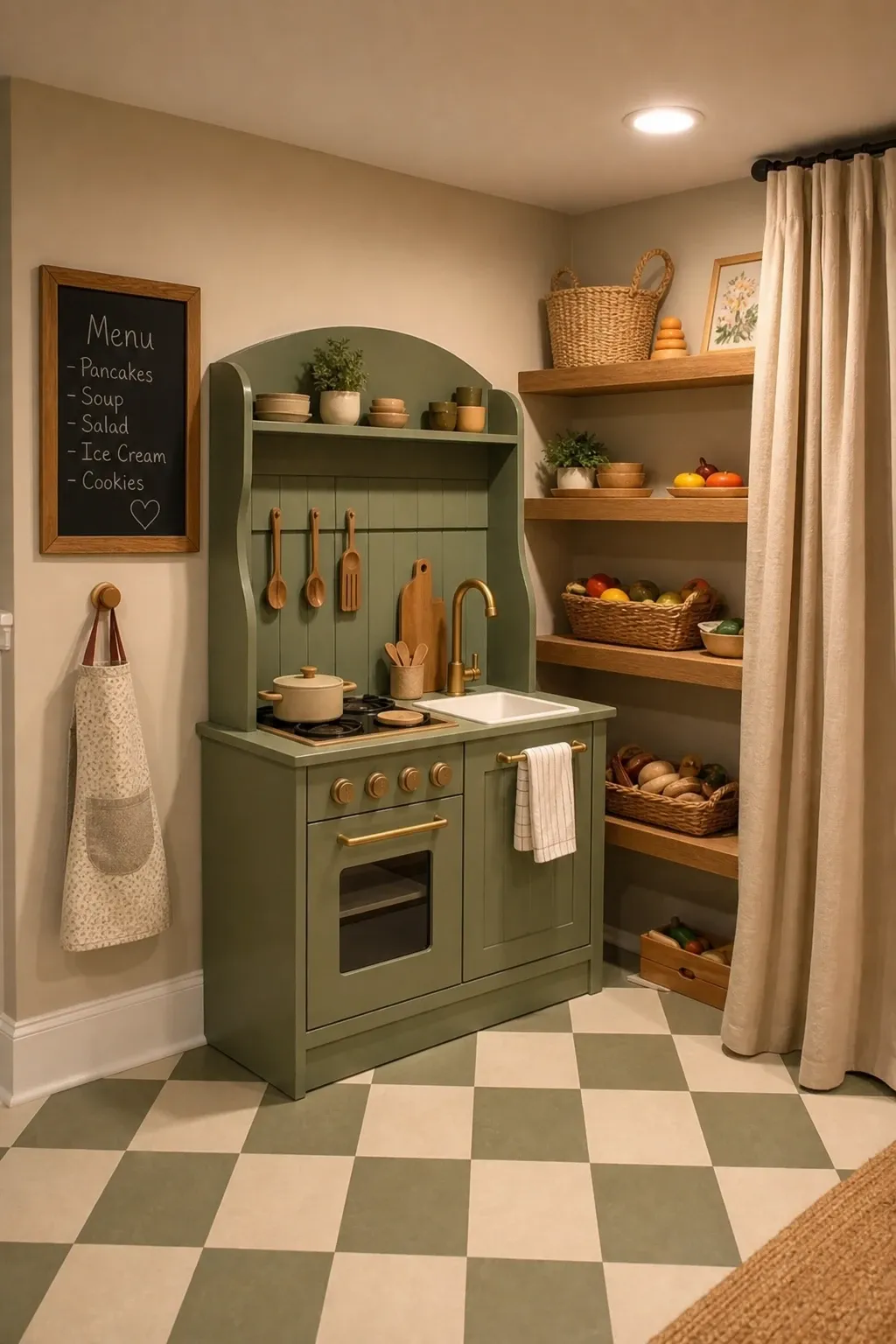 dramatic play kitchen and shop corner in a basement
