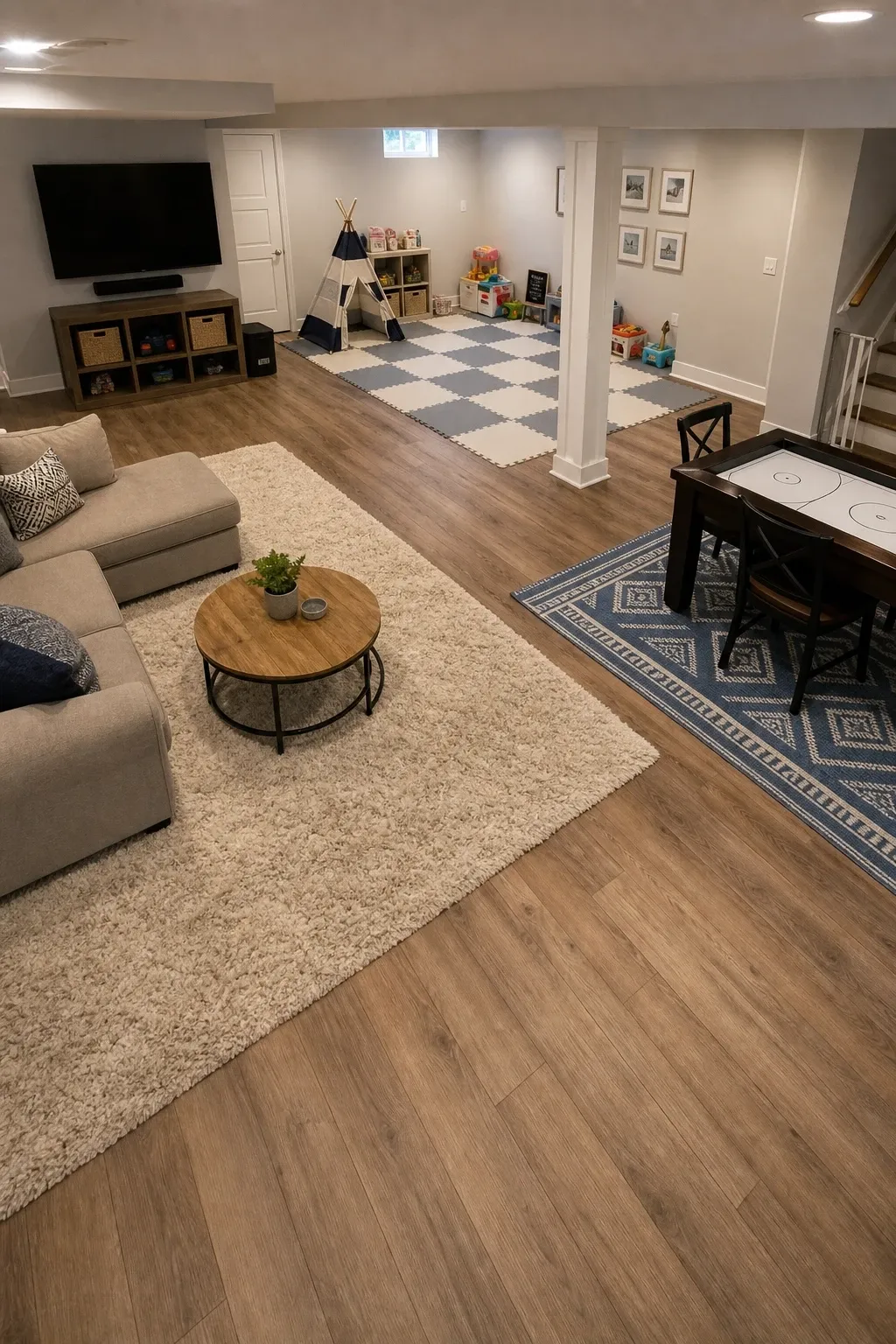 flooring zones that define each area in a basement