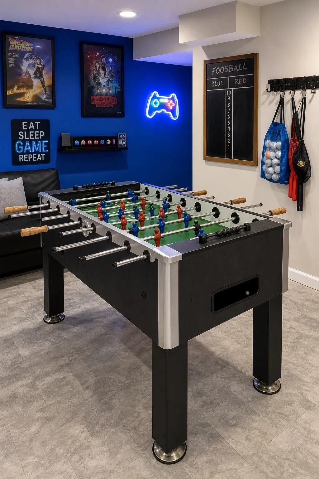 foosball or air hockey station in a basement