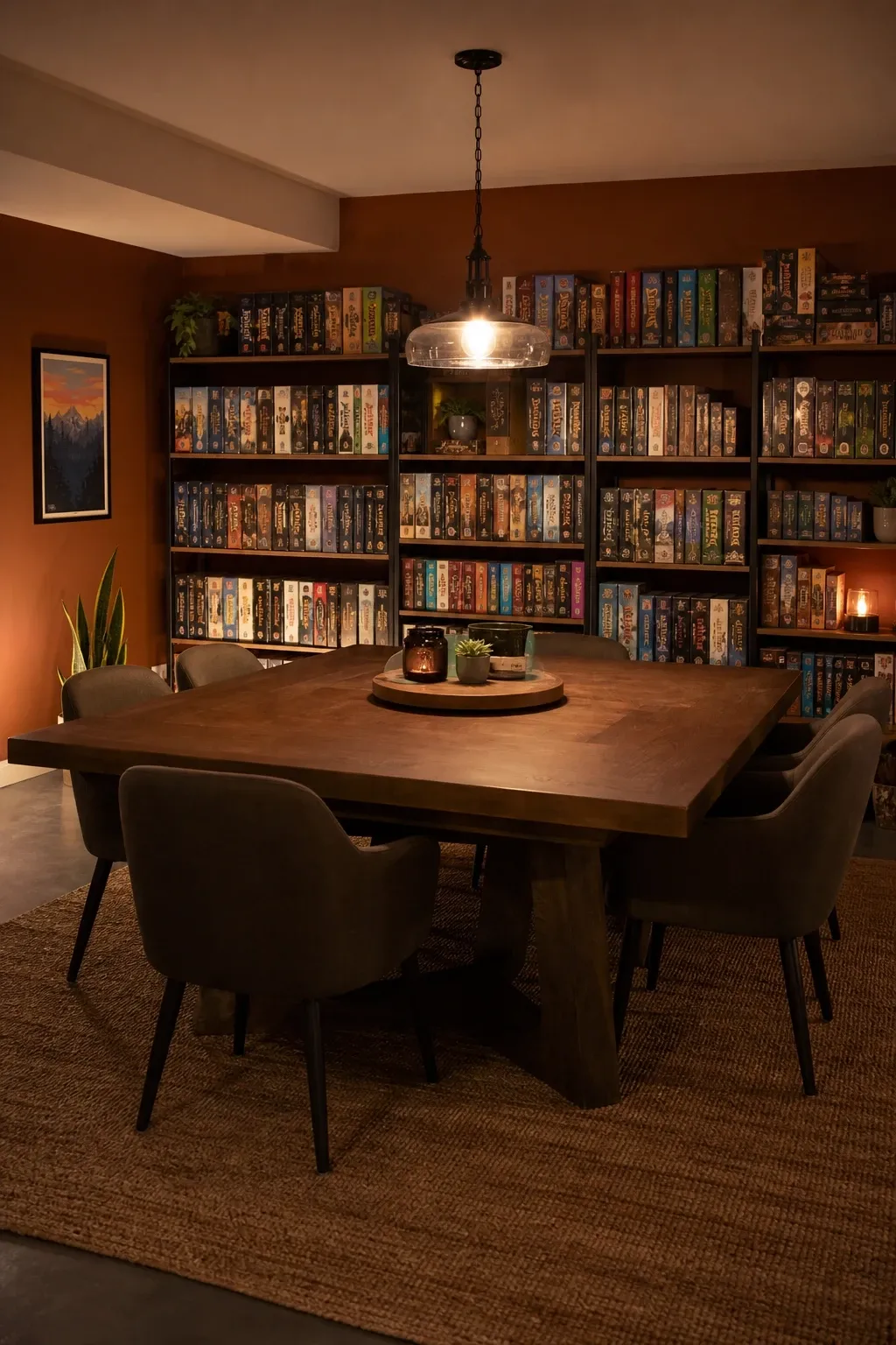 game table zone for board games and puzzles in a basement