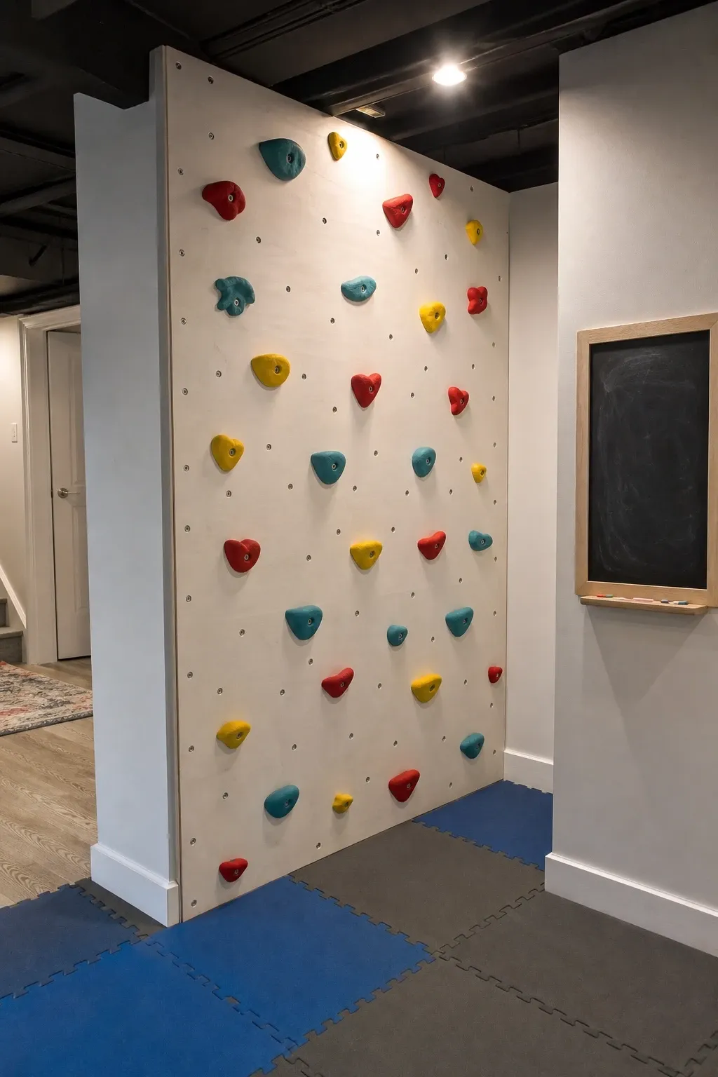indoor climbing wall corner in a basement