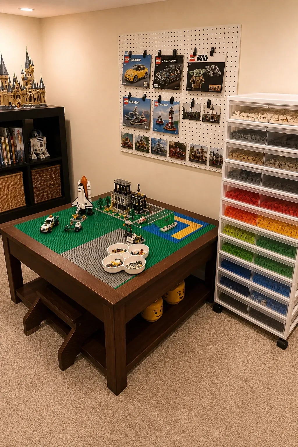 lego and building station in a basement