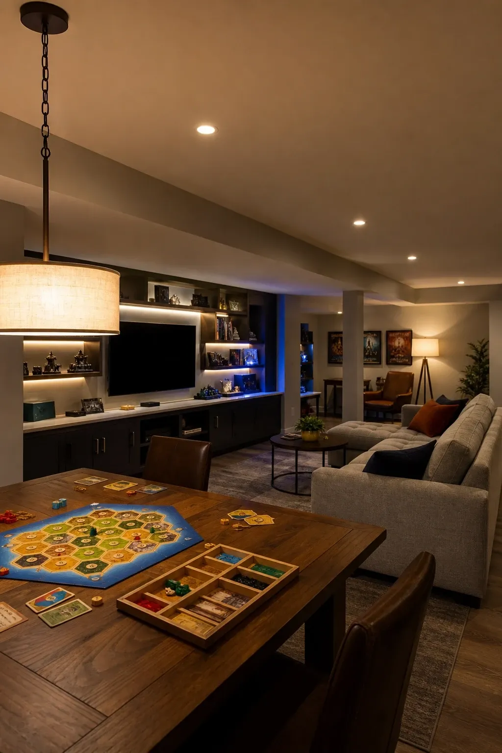 lighting layers for a playroom that works day and night in a basement
