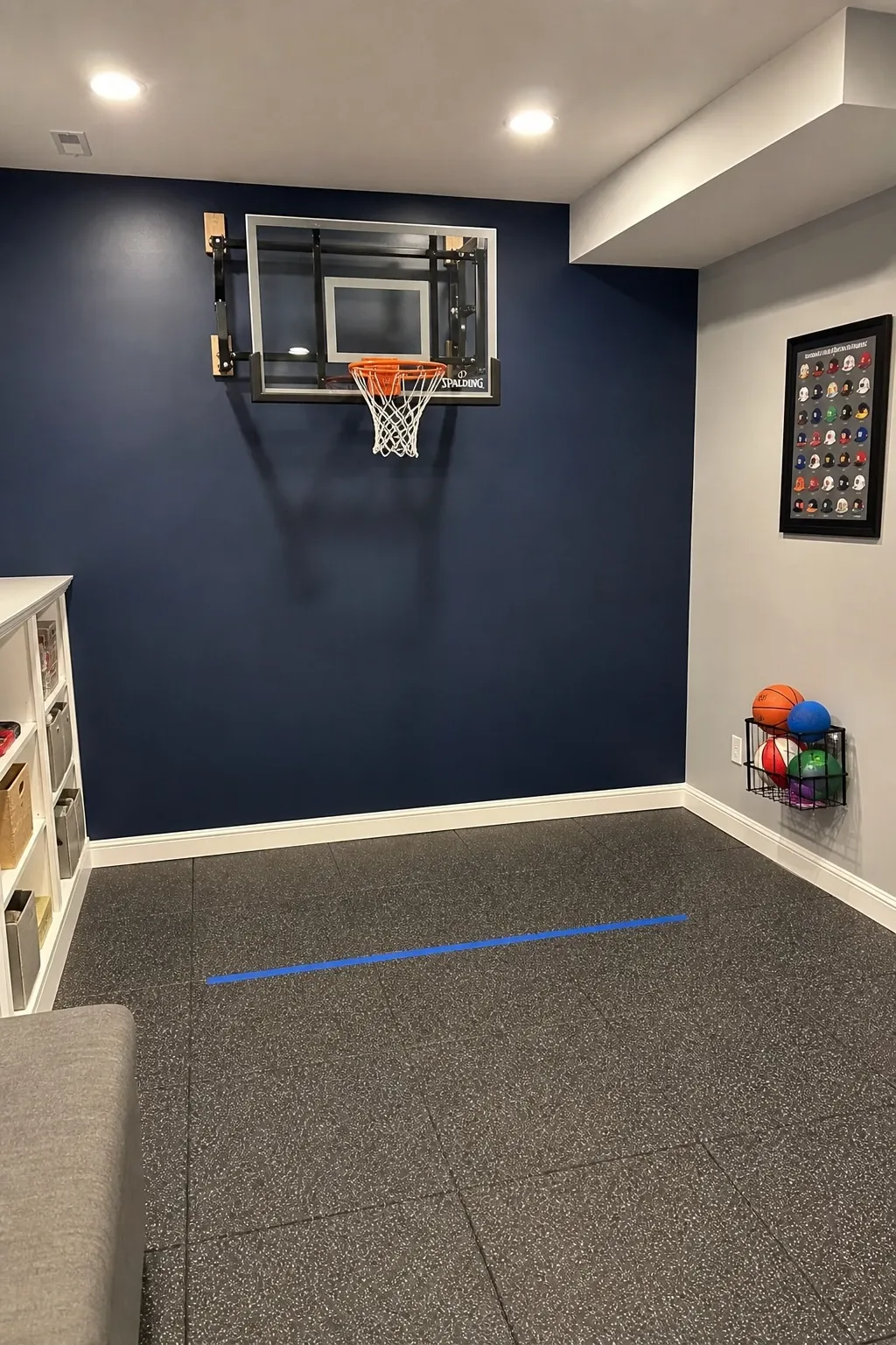 mini indoor basketball setup in a basement