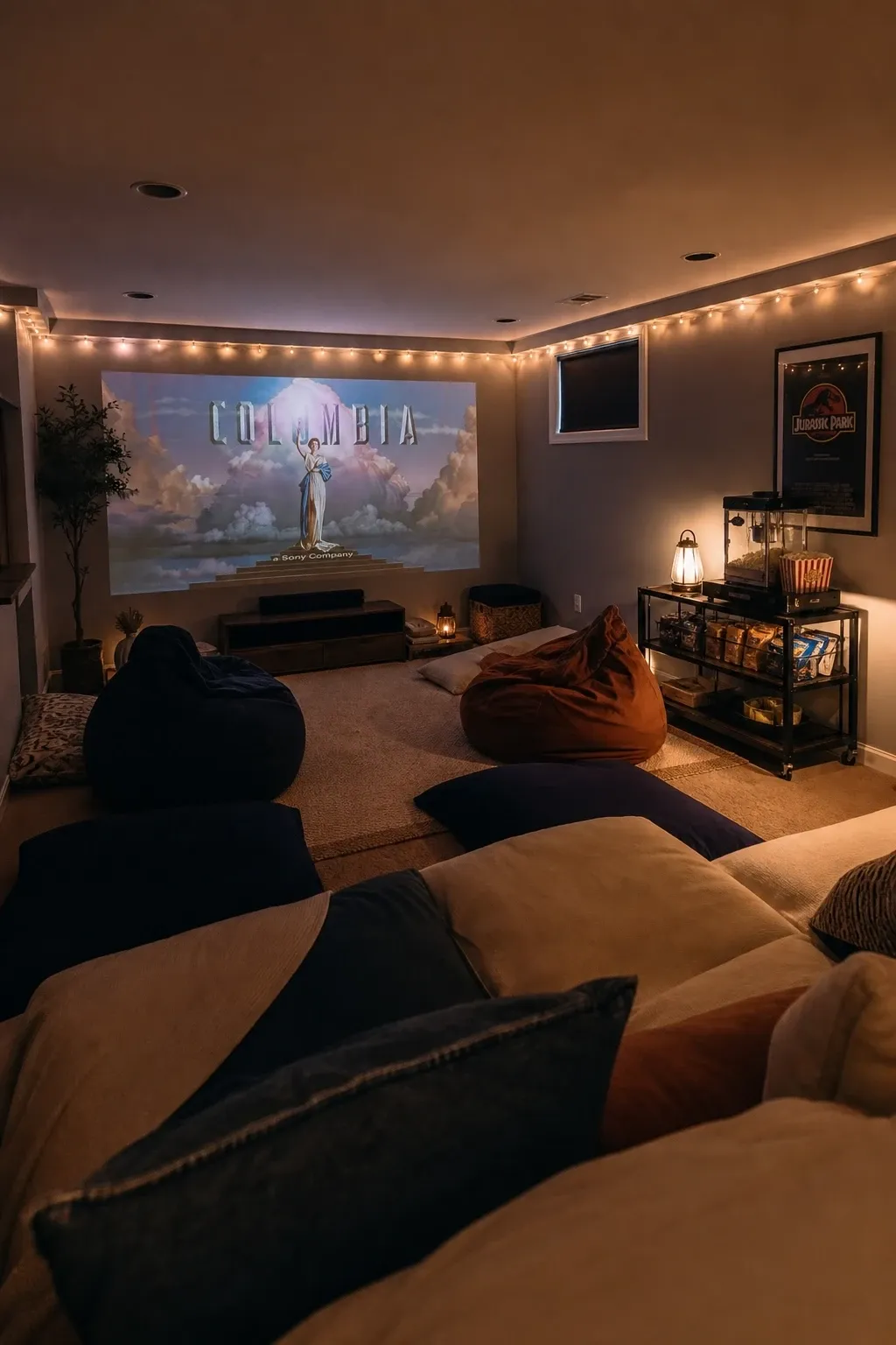 projector and movie corner in a basement
