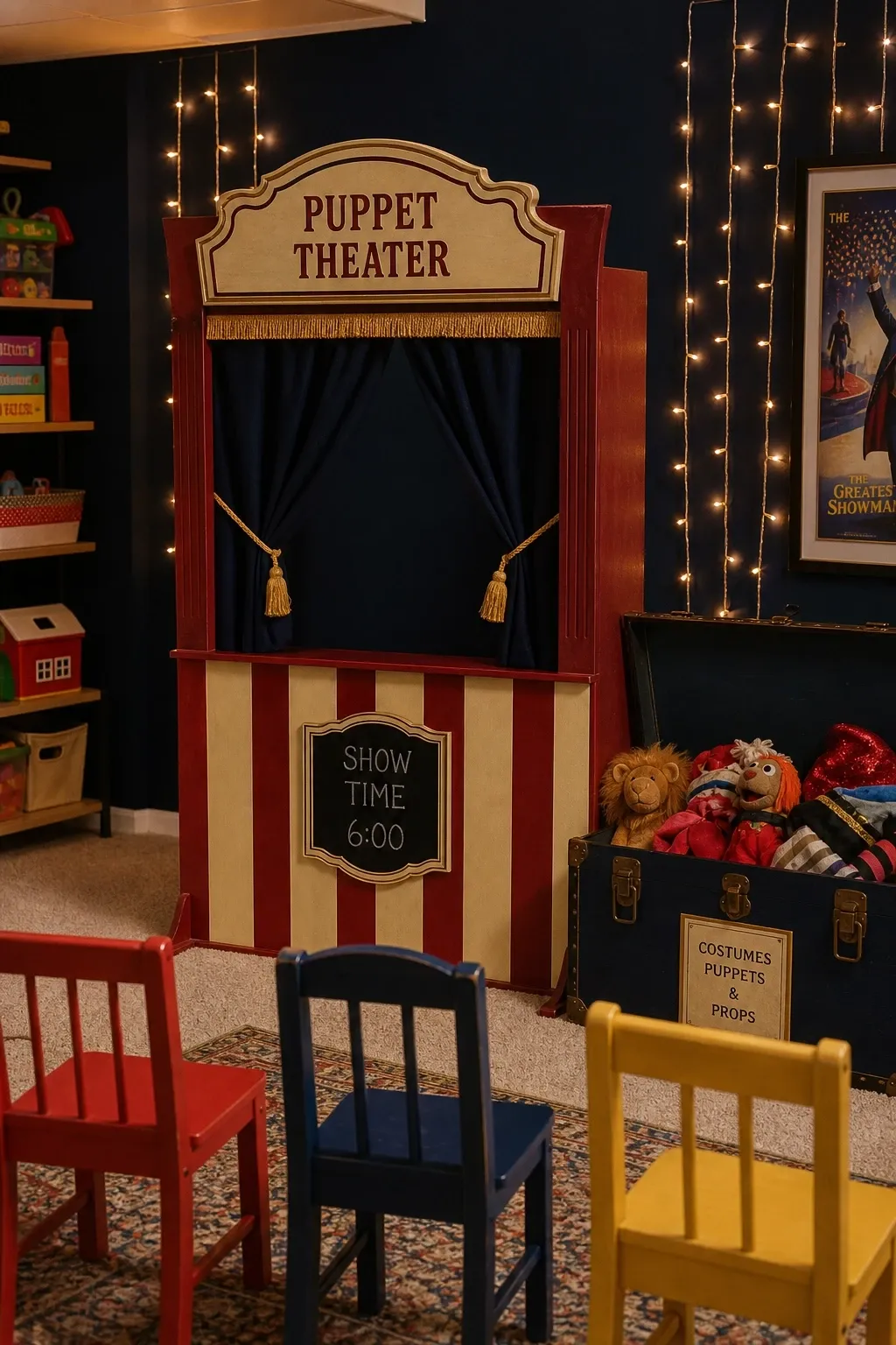 puppet theater and stage area in a basement