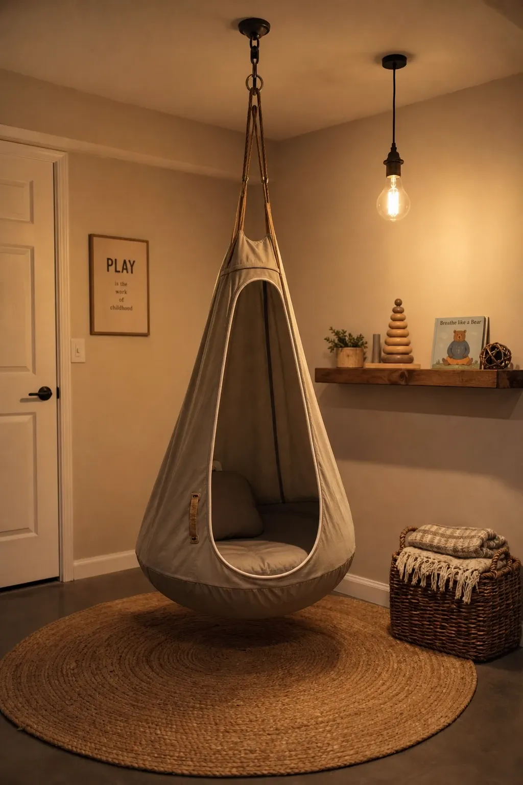 sensory swing and hammock nook in a basement
