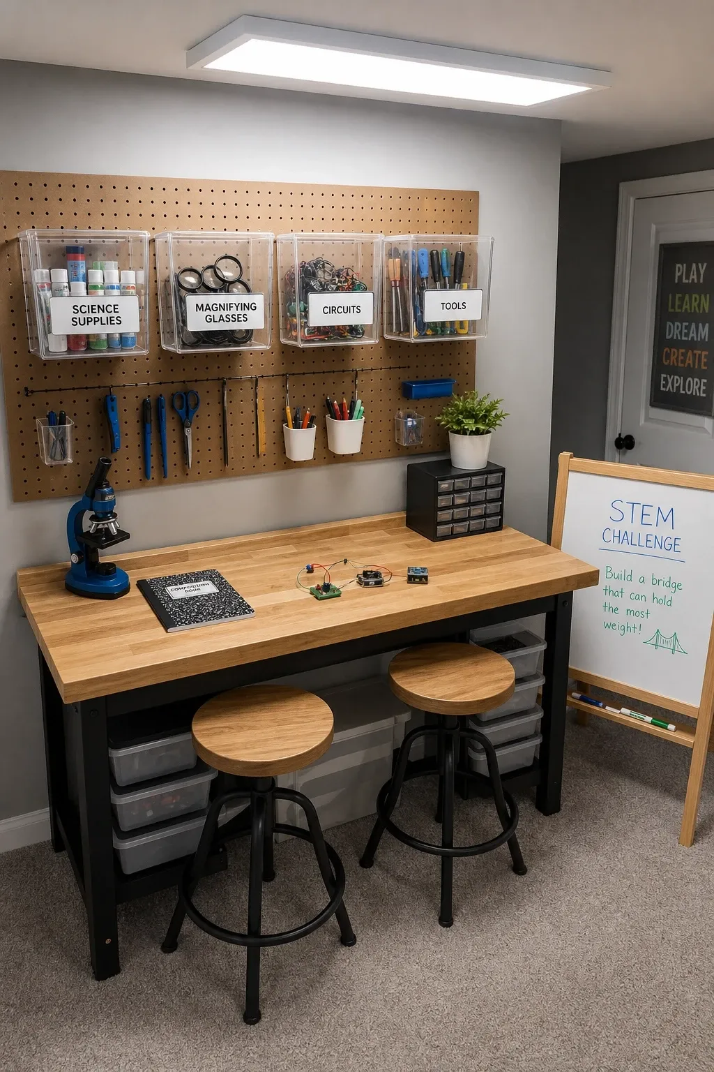 stem exploration table in a basement