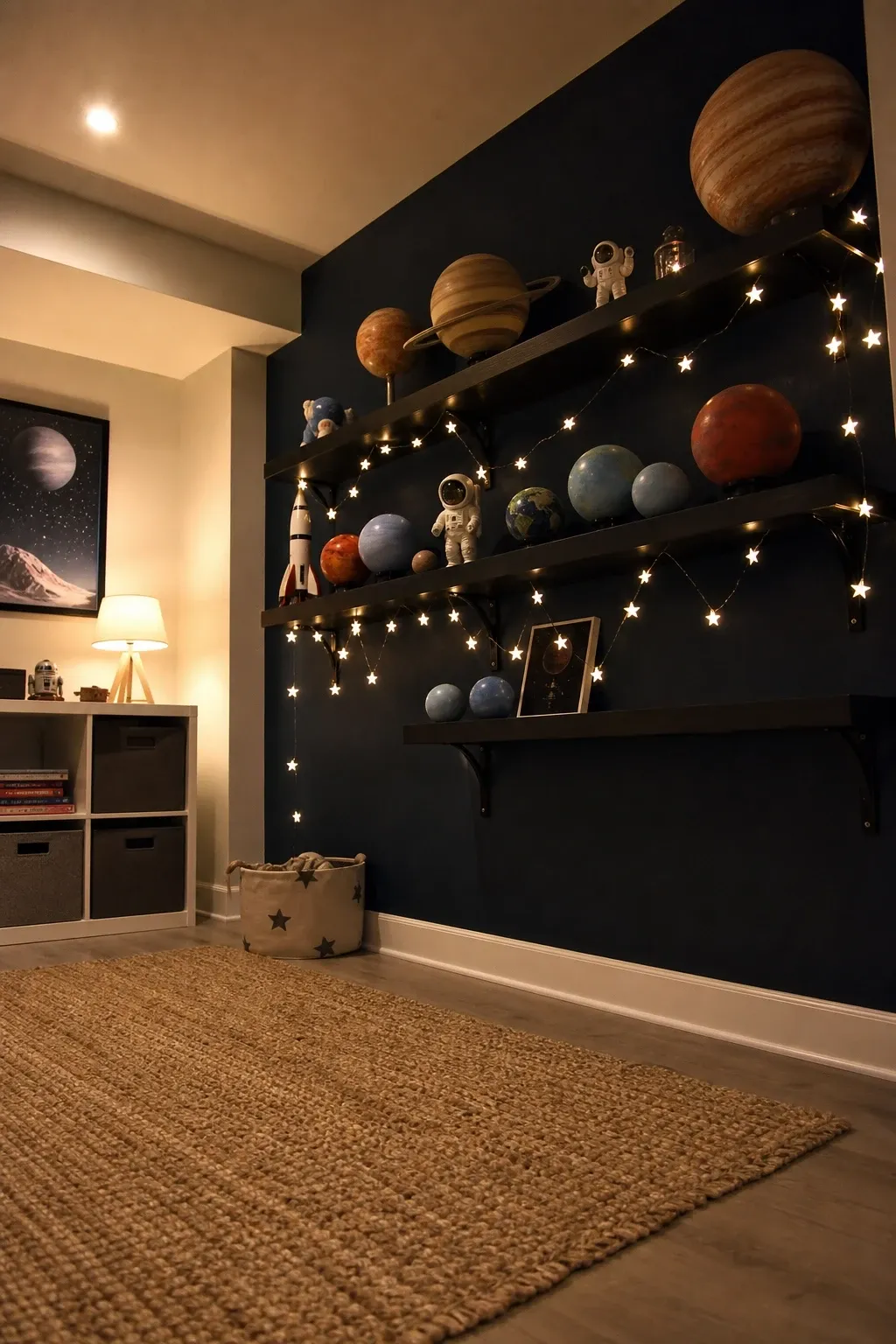 themed accent wall without a full room theme in a basement