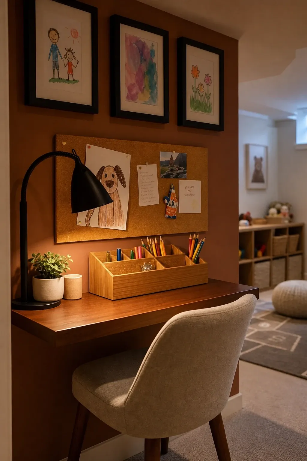 writing and journaling desk nook in a basement