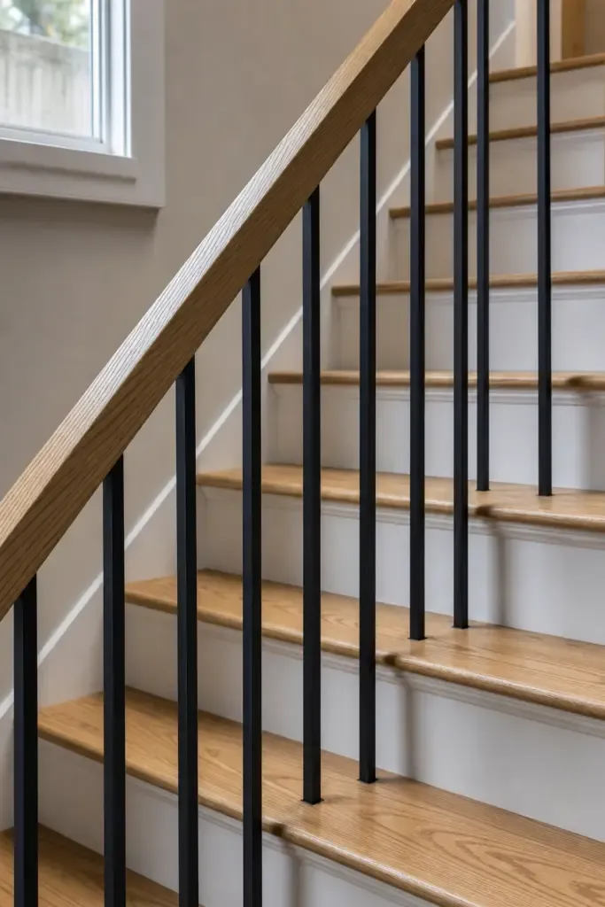 black metal balusters with a wood handrail in a basement