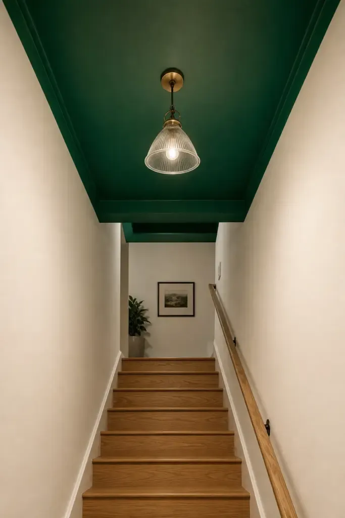 bold accent color on the stairwell ceiling in a basement