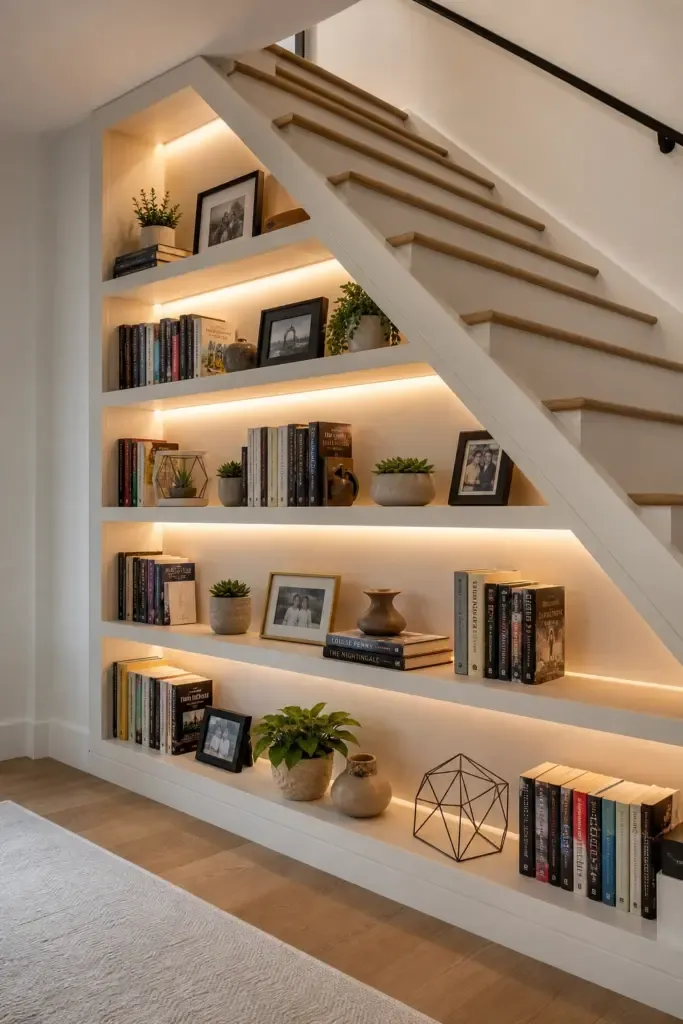 built-in bookshelves under the stair in a basement