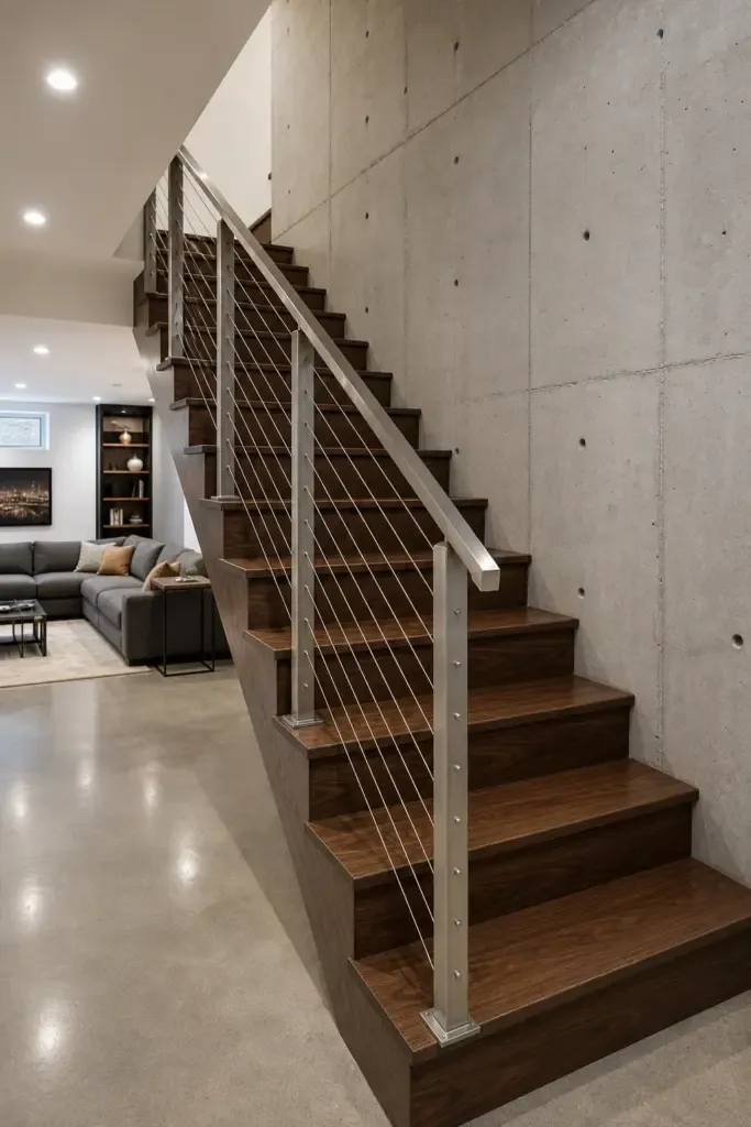 cable railing for a modern, airy look in a basement